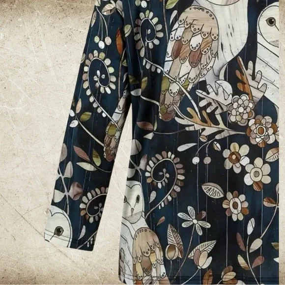 Owls in the Forest Women’s Blouse NWOT 95% Poly/40% Spandex, crewneck, wide hem. - Picture 4 of 7